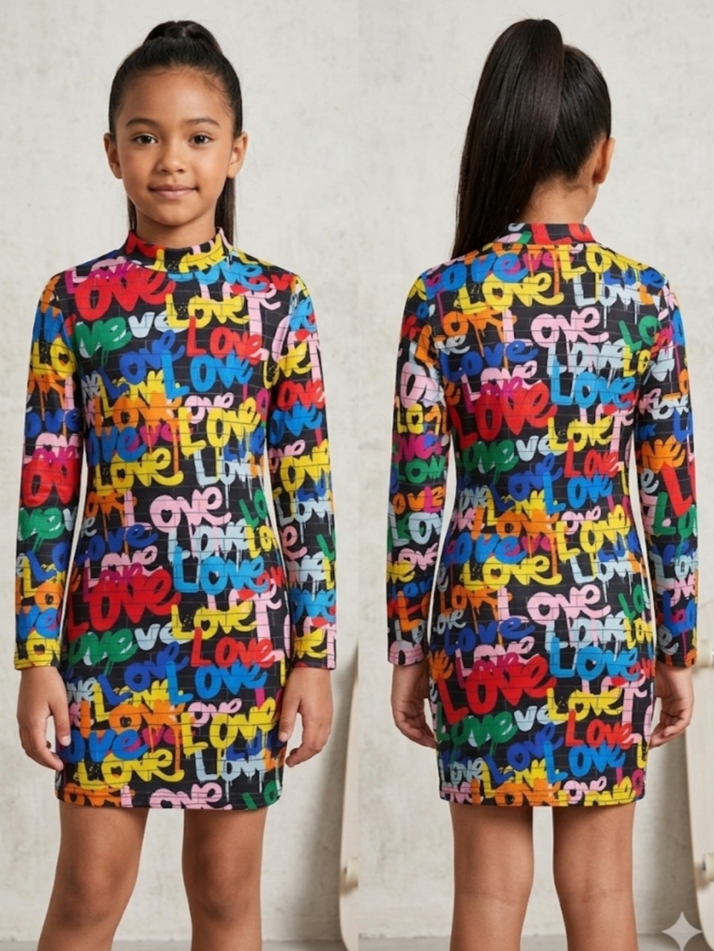 Shein Kids Graffiti "Love" Print Long Sleeve Bodycon Dress-Sz 10Y
